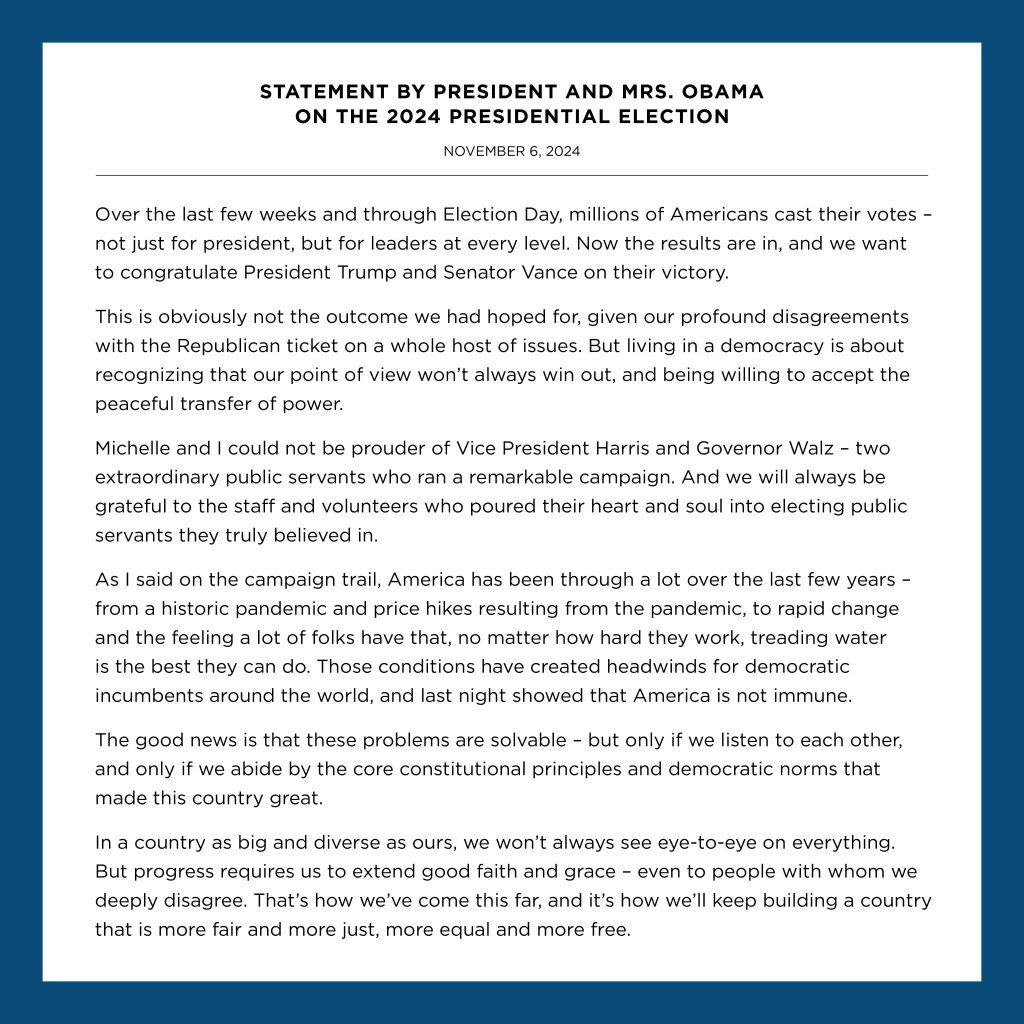 Barack and Michelle Obama Release Joint Statement on Presidential Election 