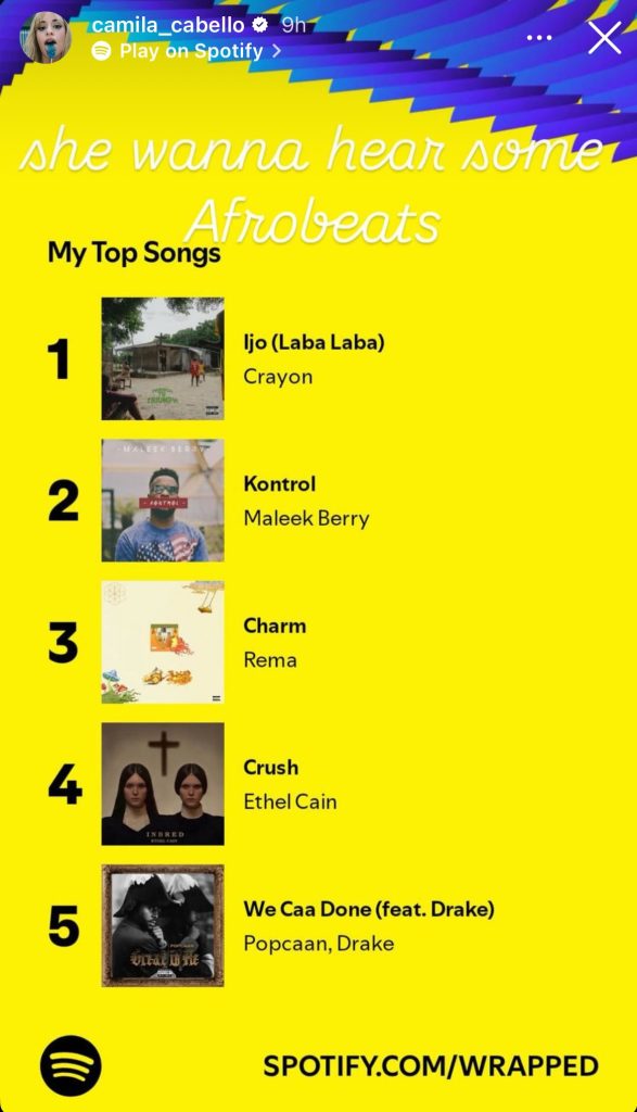"Camila Cabello's #SpotifyWrapped Features Afrobeat Stars Rema and Crayon"

